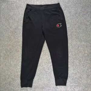 Champion Joggers Sweatpants Black Athletic Big Felt Logo Comfort Sz L HBR Faded